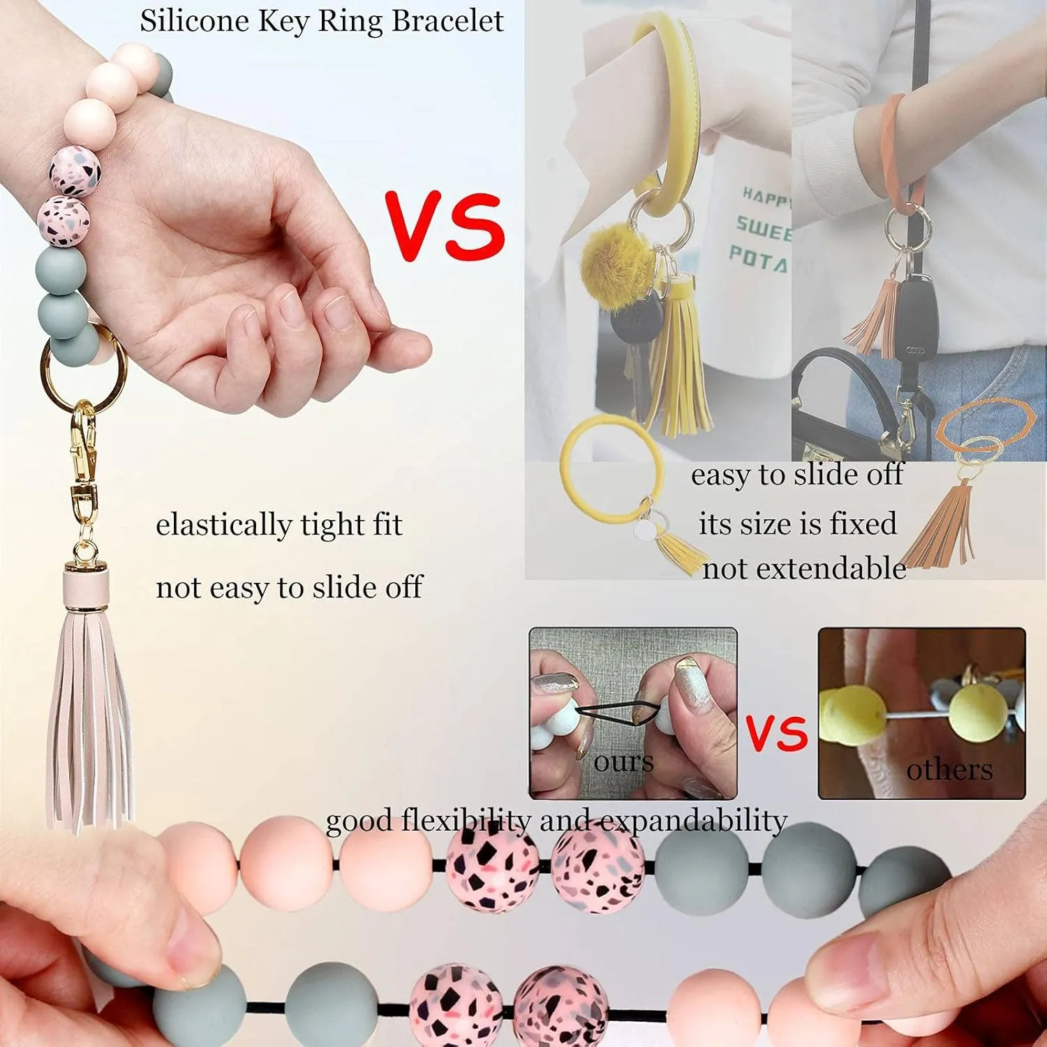 BIHRTC Key Ring Bracelet Car Keychain Holder Wristlet Silicone Women Beaded Bangle Chains