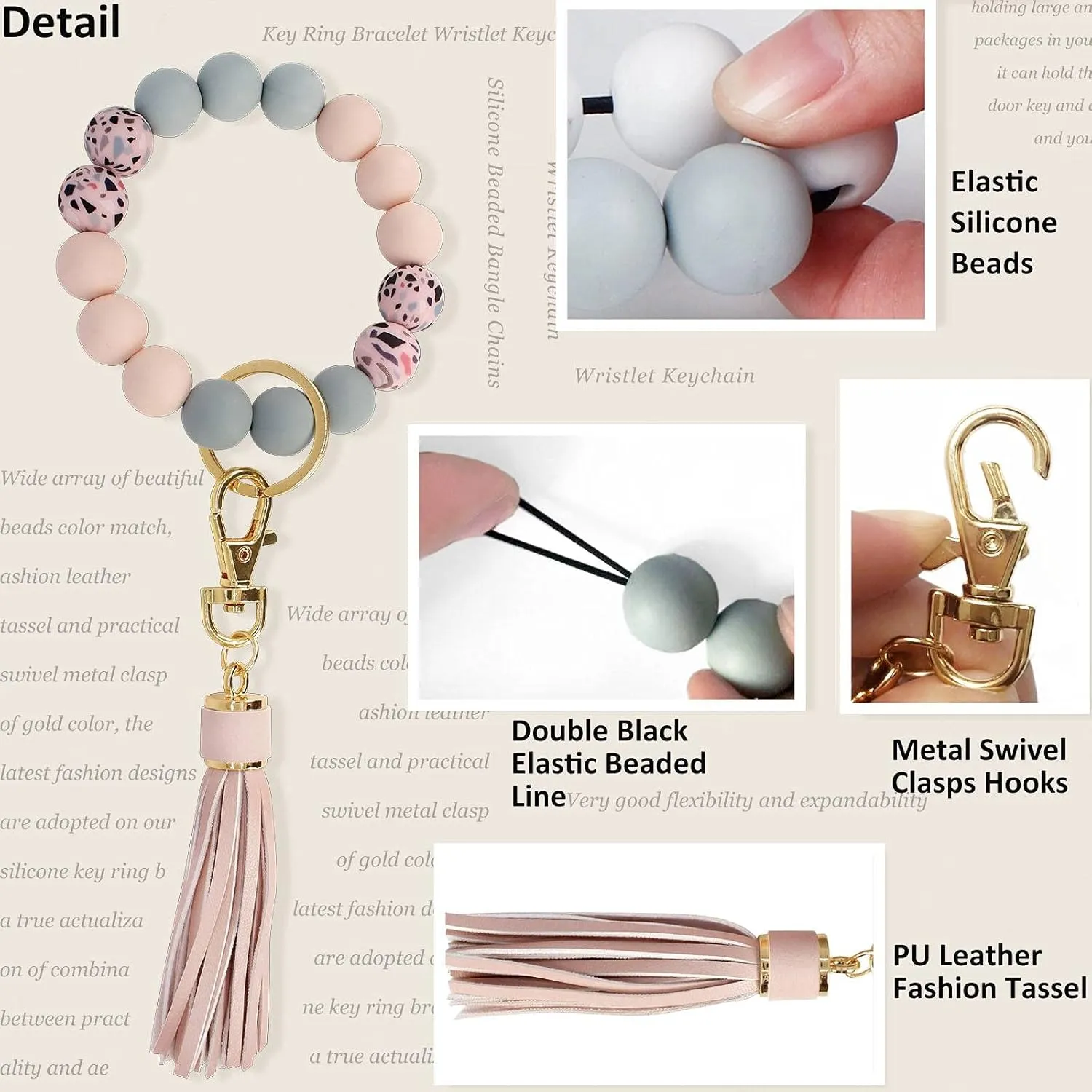 BIHRTC Key Ring Bracelet Car Keychain Holder Wristlet Silicone Women Beaded Bangle Chains