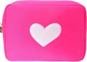 BLOC Bags Travel Makeup Bag, Cosmetic Bags for Women, Large Cute Toiletry Bag, XL Make up Bag, Medium Beauty Bag with Chenille Patch, Inside Zipper Pouch and Mesh Pockets (White Heart, Hot Pink)