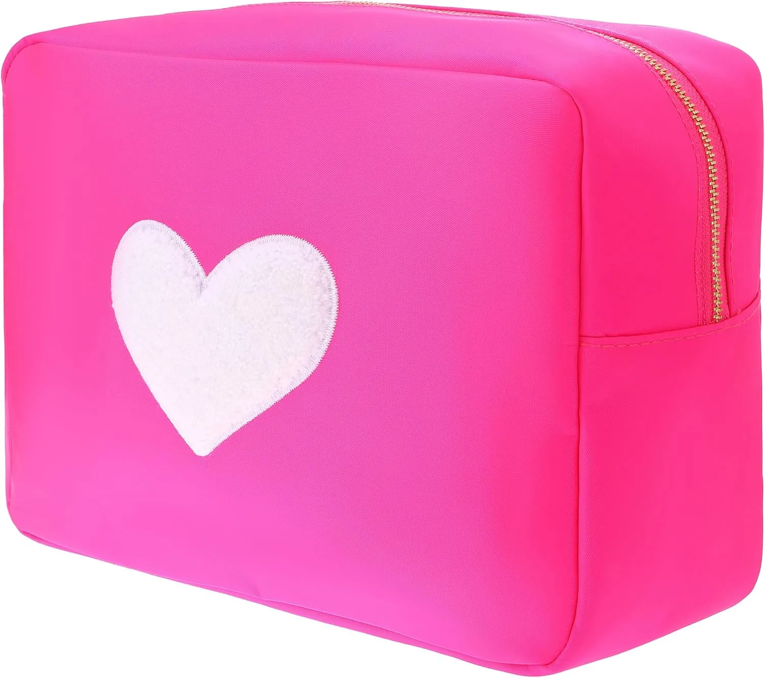 BLOC Bags Travel Makeup Bag, Cosmetic Bags for Women, Large Cute Toiletry Bag, XL Make up Bag, Medium Beauty Bag with Chenille Patch, Inside Zipper Pouch and Mesh Pockets (White Heart, Hot Pink)