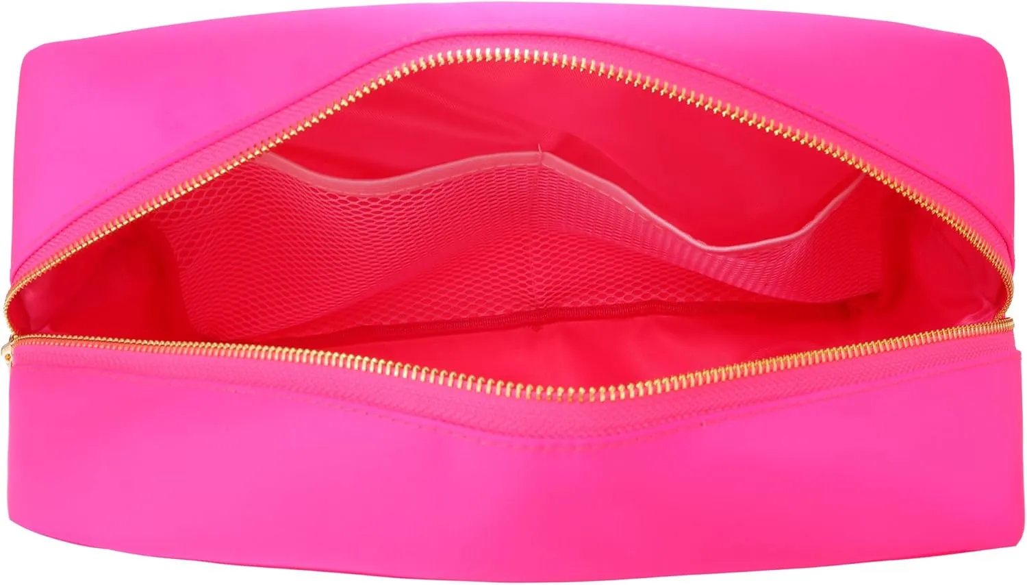 BLOC Bags Travel Makeup Bag, Cosmetic Bags for Women, Large Cute Toiletry Bag, XL Make up Bag, Medium Beauty Bag with Chenille Patch, Inside Zipper Pouch and Mesh Pockets (White Heart, Hot Pink)