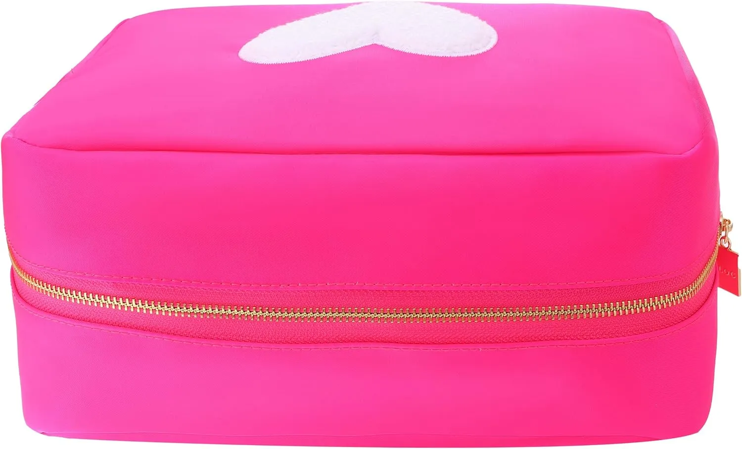 BLOC Bags Travel Makeup Bag, Cosmetic Bags for Women, Large Cute Toiletry Bag, XL Make up Bag, Medium Beauty Bag with Chenille Patch, Inside Zipper Pouch and Mesh Pockets (White Heart, Hot Pink)