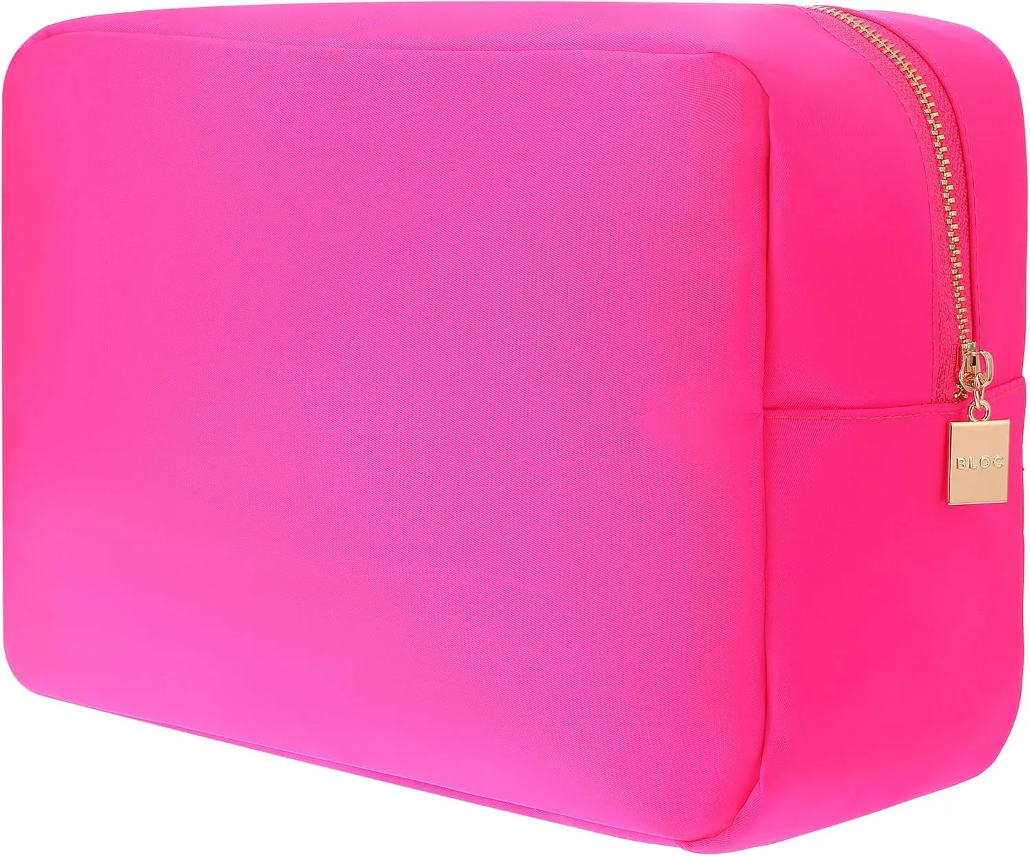 BLOC Bags Travel Makeup Bag, Cosmetic Bags for Women, Large Cute Toiletry Bag, XL Make up Bag, Medium Beauty Bag with Chenille Patch, Inside Zipper Pouch and Mesh Pockets (White Heart, Hot Pink)