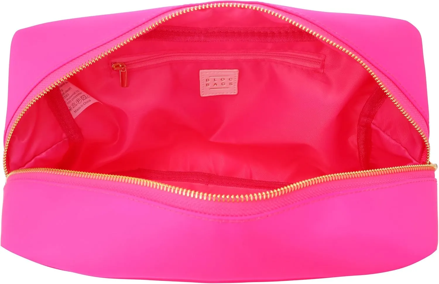 BLOC Bags Travel Makeup Bag, Cosmetic Bags for Women, Large Cute Toiletry Bag, XL Make up Bag, Medium Beauty Bag with Chenille Patch, Inside Zipper Pouch and Mesh Pockets (White Heart, Hot Pink)