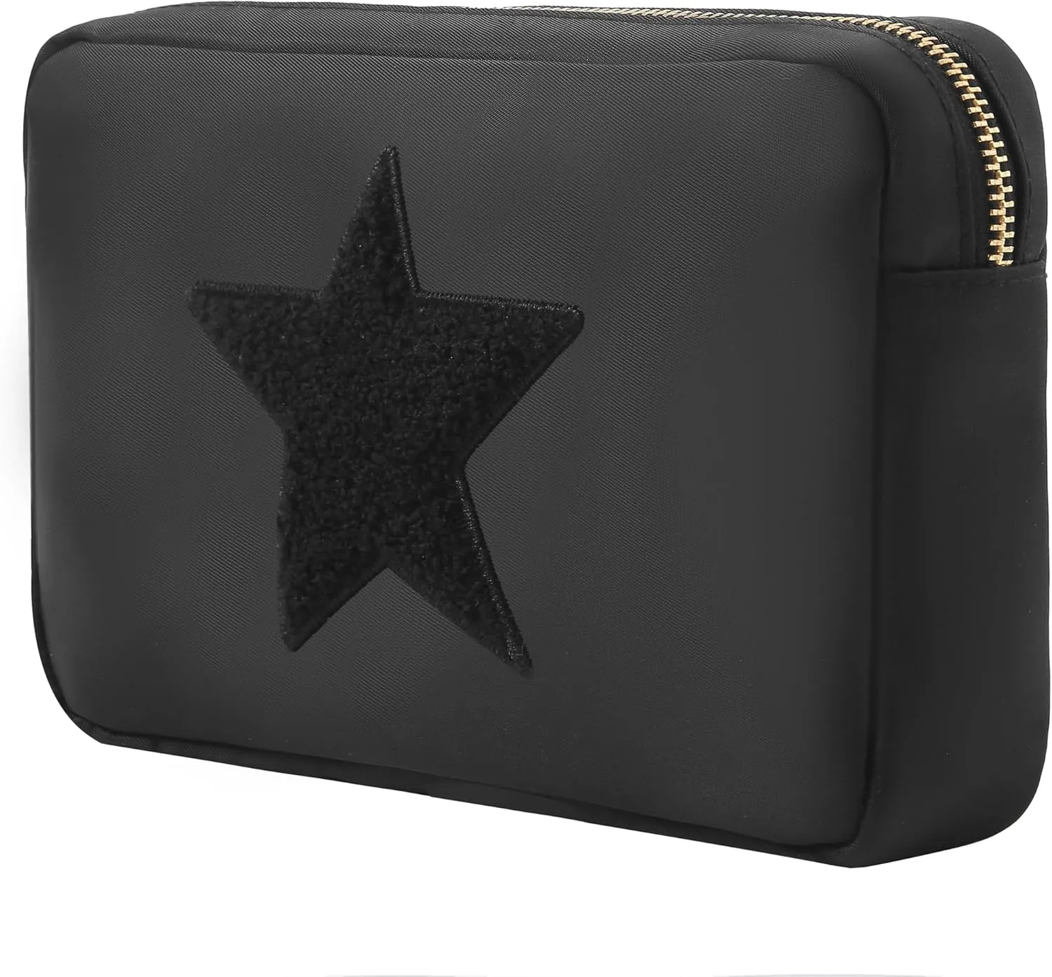 BLOC Bags Travel Makeup Bag, Cosmetic Bags for Women, Medium Cute Toiletry Bag, Make up Bag, Beauty Bag with Chenille Patch and Top Zipper, Inside Zipper Pouch and Mesh Pockets (Black Star, Black)