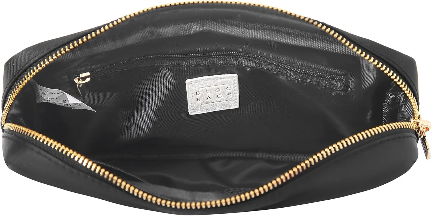 BLOC Bags Travel Makeup Bag, Cosmetic Bags for Women, Medium Cute Toiletry Bag, Make up Bag, Beauty Bag with Chenille Patch and Top Zipper, Inside Zipper Pouch and Mesh Pockets (Black Star, Black)