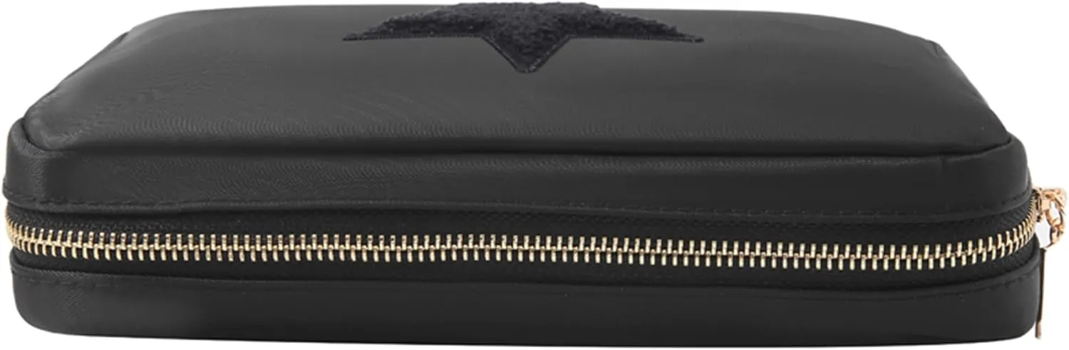 BLOC Bags Travel Makeup Bag, Cosmetic Bags for Women, Medium Cute Toiletry Bag, Make up Bag, Beauty Bag with Chenille Patch and Top Zipper, Inside Zipper Pouch and Mesh Pockets (Black Star, Black)