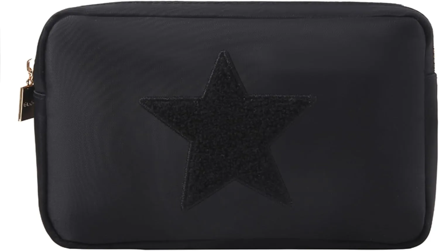 BLOC Bags Travel Makeup Bag, Cosmetic Bags for Women, Medium Cute Toiletry Bag, Make up Bag, Beauty Bag with Chenille Patch and Top Zipper, Inside Zipper Pouch and Mesh Pockets (Black Star, Black)