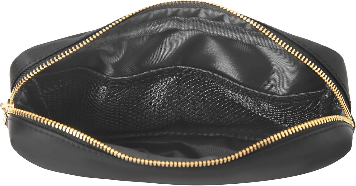 BLOC Bags Travel Makeup Bag, Cosmetic Bags for Women, Medium Cute Toiletry Bag, Make up Bag, Beauty Bag with Chenille Patch and Top Zipper, Inside Zipper Pouch and Mesh Pockets (Black Star, Black)