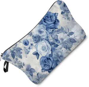 Blue Rose Pattern Makeup Bag Retro Watercolor Blue Roses Small Organizer Bag Zipper Pouch Vintage Rose Print Cosmetic Bag Present for Women Friends