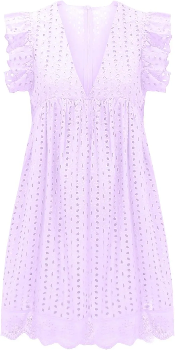 Boho Dresses for Women 2024 V Neck Sleeveless Sun Dress Hollow Out Ruffle Hem Mini Dress Vacation Summer Dresses