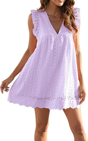 Boho Dresses for Women 2024 V Neck Sleeveless Sun Dress Hollow Out Ruffle Hem Mini Dress Vacation Summer Dresses