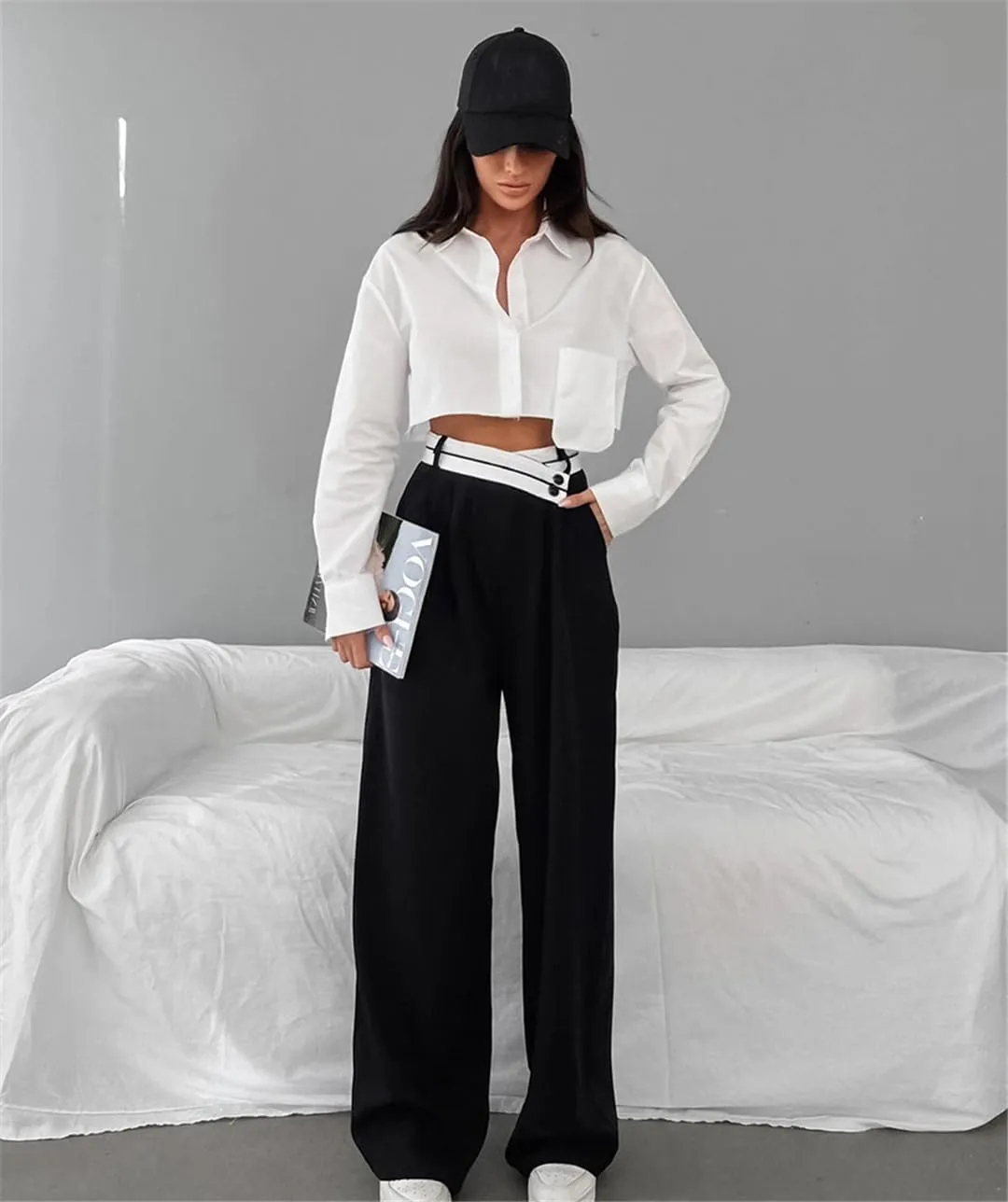 Bollrllr Women's Stitching Wide-Leg Pants Hit Color Casual High-Waisted Pants Spring and Summer Loose Trousers