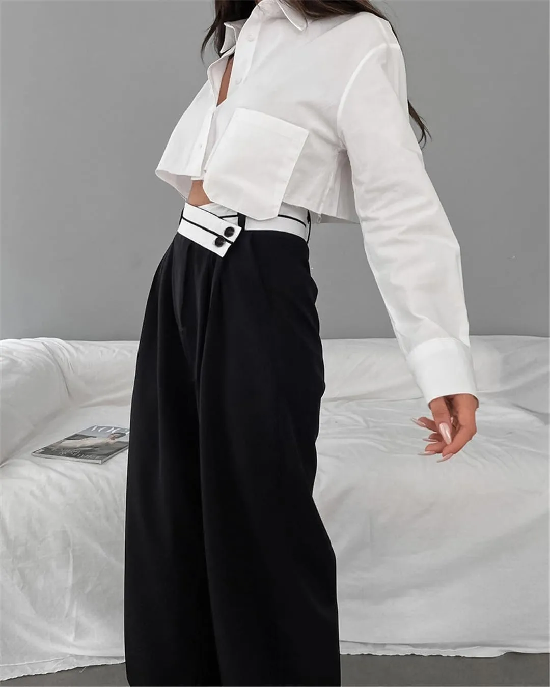 Bollrllr Women's Stitching Wide-Leg Pants Hit Color Casual High-Waisted Pants Spring and Summer Loose Trousers