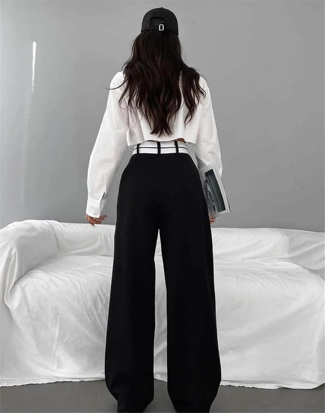 Bollrllr Women's Stitching Wide-Leg Pants Hit Color Casual High-Waisted Pants Spring and Summer Loose Trousers