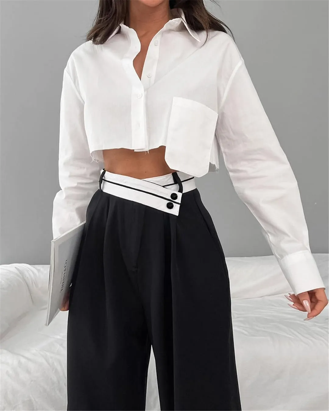 Bollrllr Women's Stitching Wide-Leg Pants Hit Color Casual High-Waisted Pants Spring and Summer Loose Trousers