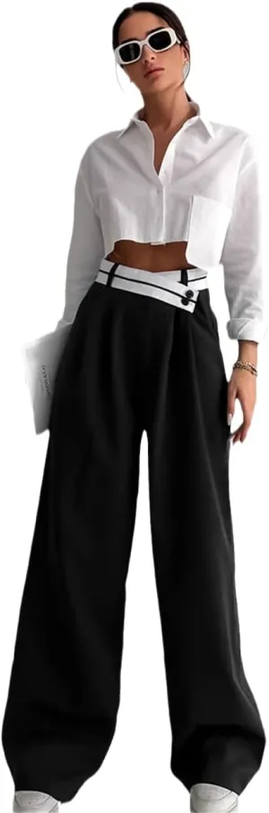 Bollrllr Women's Stitching Wide-Leg Pants Hit Color Casual High-Waisted Pants Spring and Summer Loose Trousers