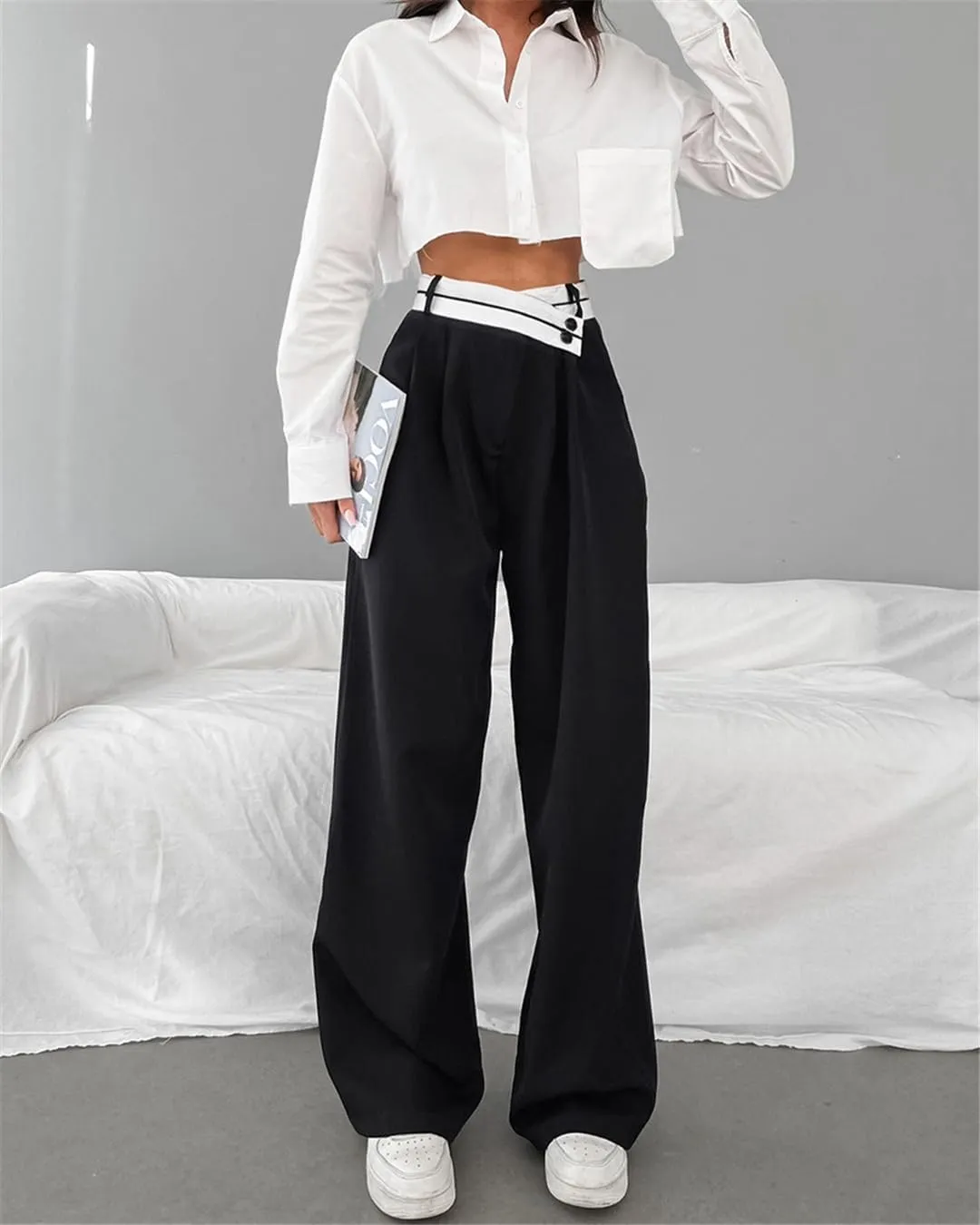 Bollrllr Women's Stitching Wide-Leg Pants Hit Color Casual High-Waisted Pants Spring and Summer Loose Trousers