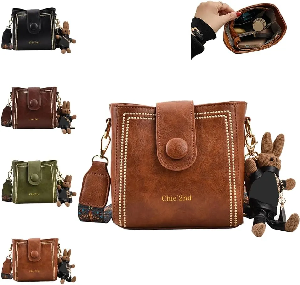 Bootara Bucket Bag, Vintage Fashion Bag, Crossbody Bags Adjustable Wider Shoulder Strap, with Cute Doll Pendants