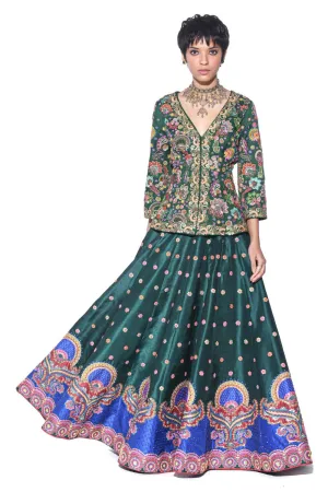 Bottle Green Embroideered Peplum Top , Lehenga Set