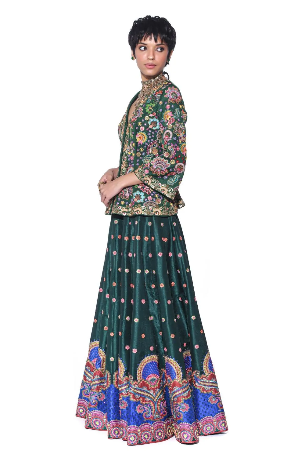 Bottle Green Embroideered Peplum Top , Lehenga Set