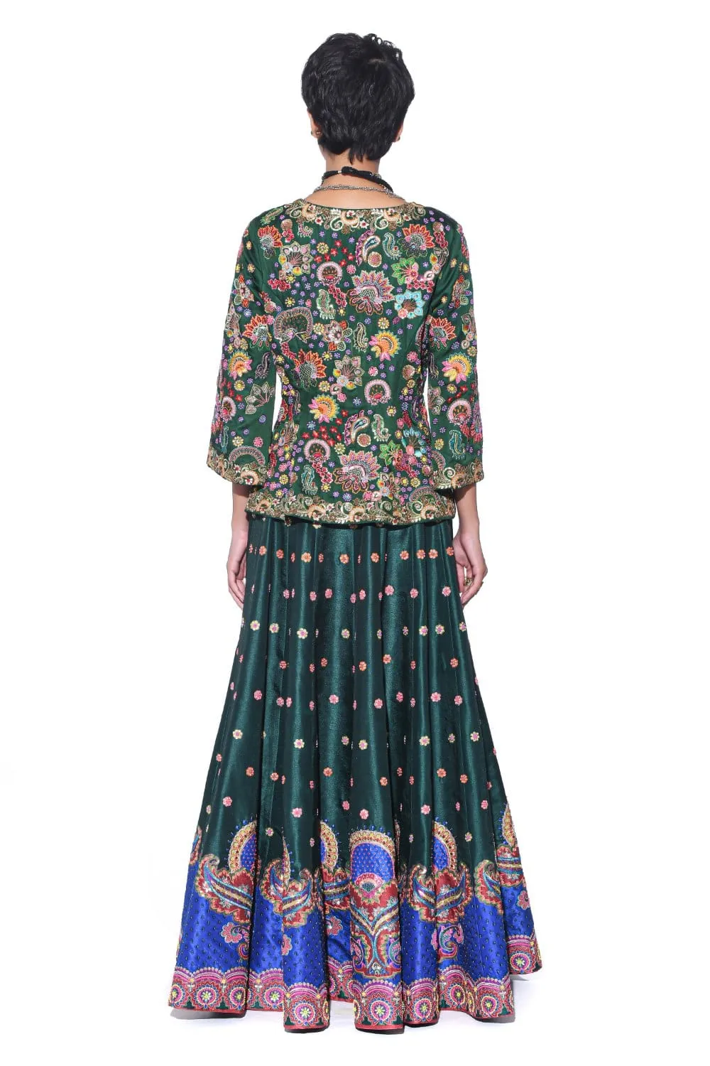 Bottle Green Embroideered Peplum Top , Lehenga Set