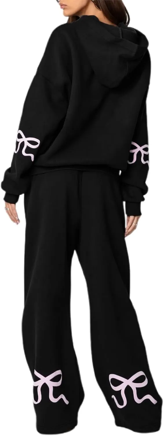 Bow Sweatsuits for Women Two Piece Tracksuit Graphic Oversized Hoodie Sweatshirt Sweatpants Sweat Set for Teen Girl