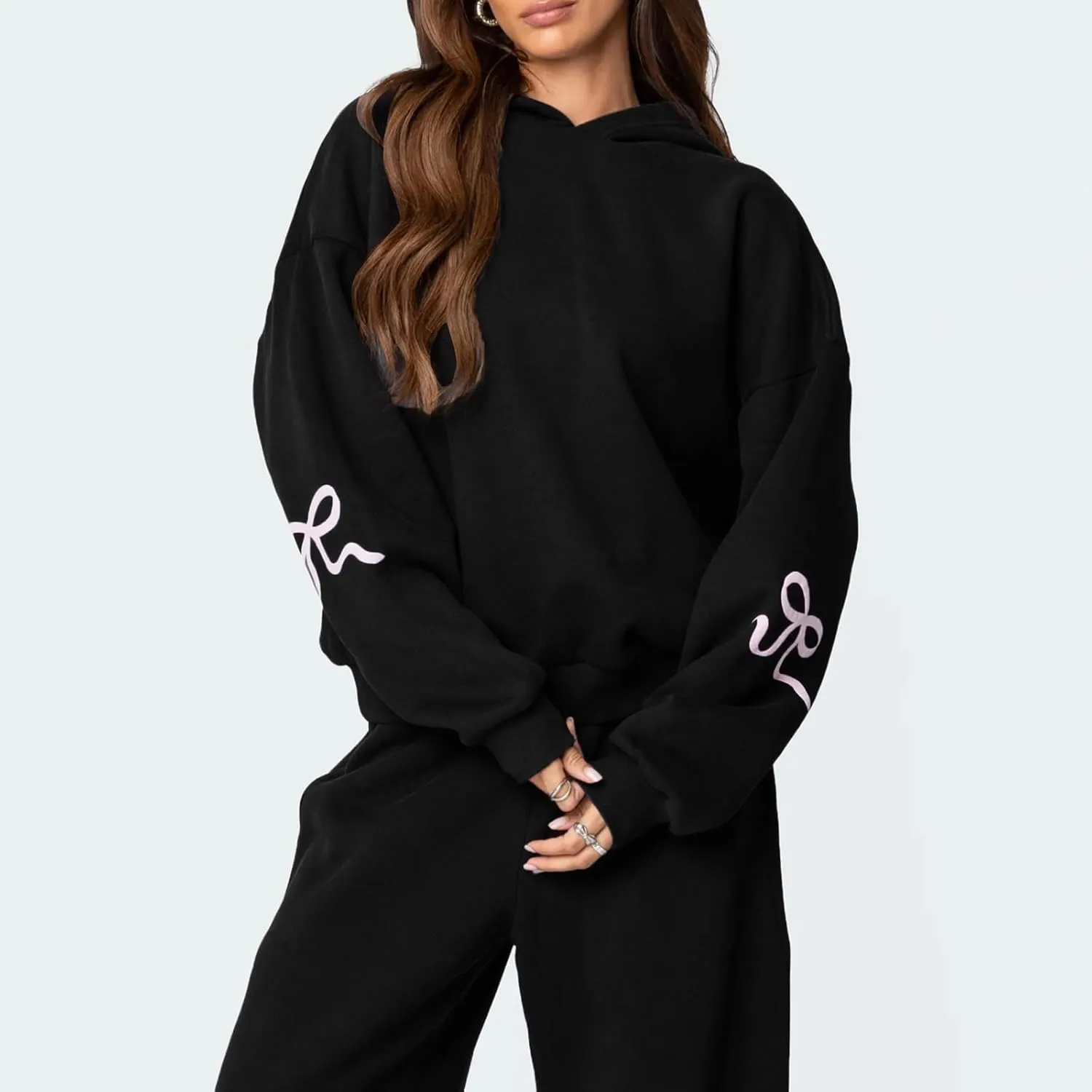 Bow Sweatsuits for Women Two Piece Tracksuit Graphic Oversized Hoodie Sweatshirt Sweatpants Sweat Set for Teen Girl