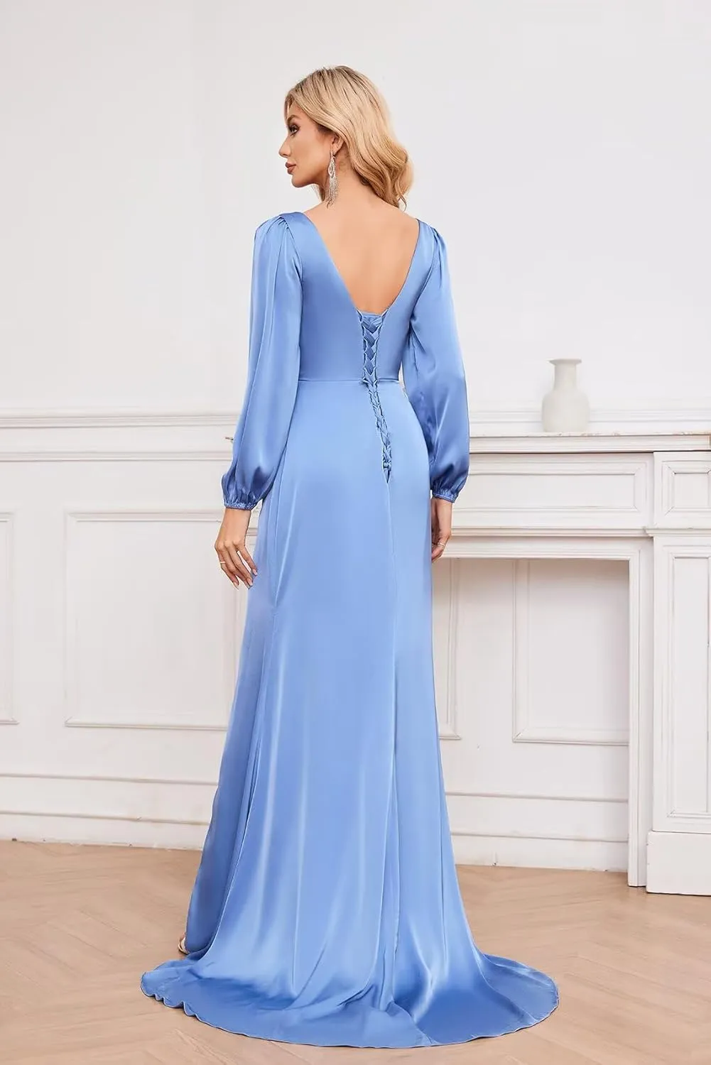 Bridesmaid Dresses Long Sleeve Mermaid Chiffon Cowl Neck Formal Party Gown with Slit