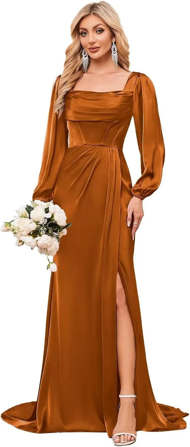 Bridesmaid Dresses Long Sleeve Mermaid Chiffon Cowl Neck Formal Party Gown with Slit