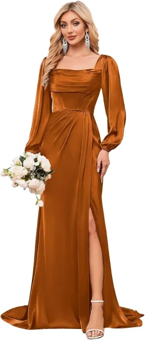 Bridesmaid Dresses Long Sleeve Mermaid Chiffon Cowl Neck Formal Party Gown with Slit