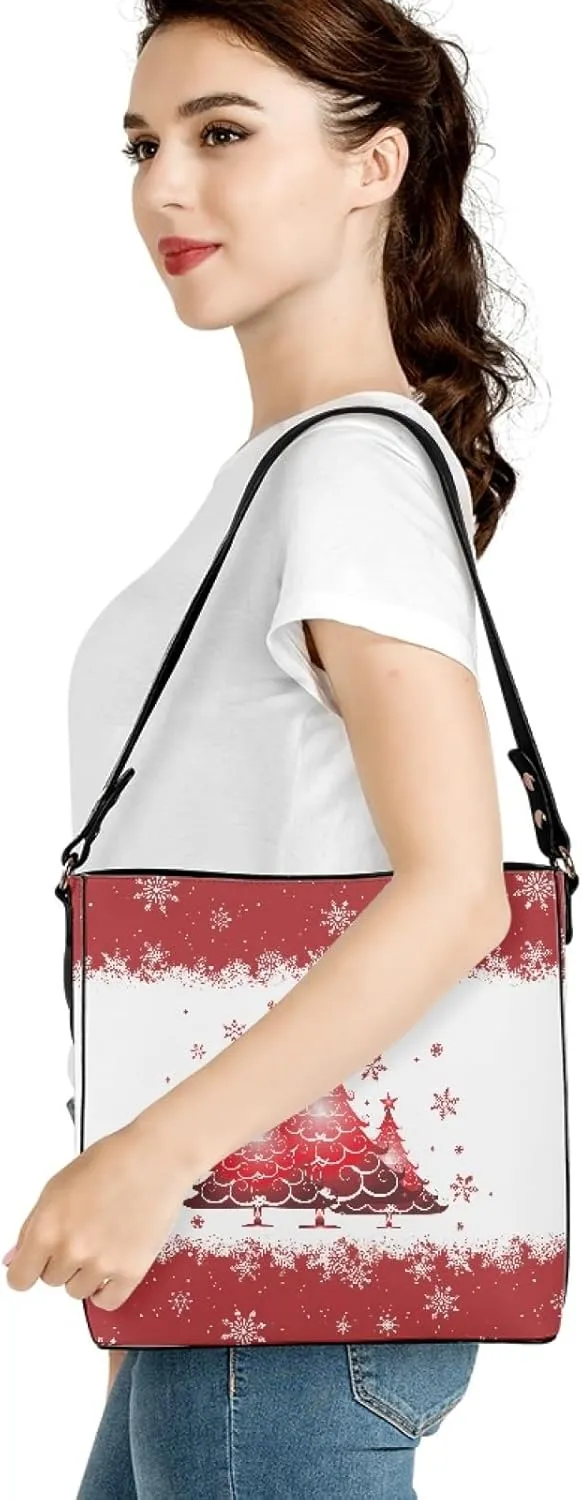 Bucket Bags and Purse for Women Merry Christmas Santa Claus Hobo and Shoulder Handbags with 2 Detachable Straps