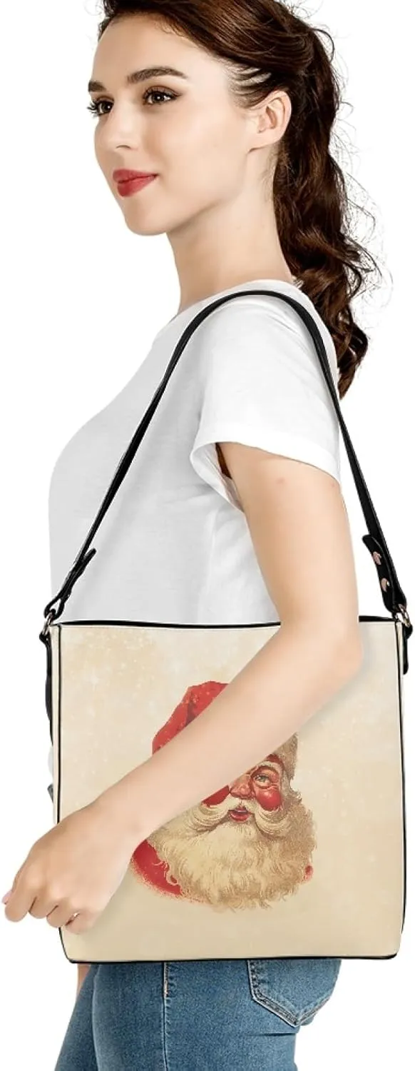Bucket Bags and Purse for Women Merry Christmas Santa Claus Hobo and Shoulder Handbags with 2 Detachable Straps