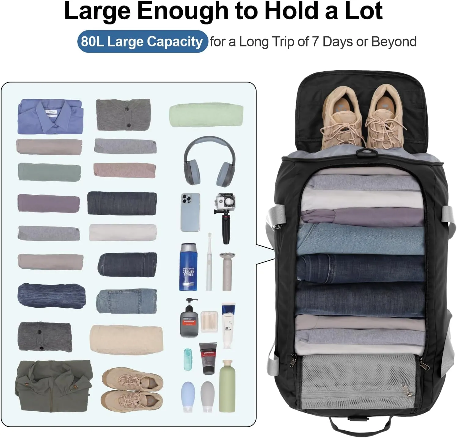 Cambond Airport Luggage Checked Bag - 80L Large Travel Duffle Bag for 5-7 Day Long Trip, Foldable Travel Duffel Bags for Traveling with Shoe Compartment for Men Women, Checked Luggage, Black