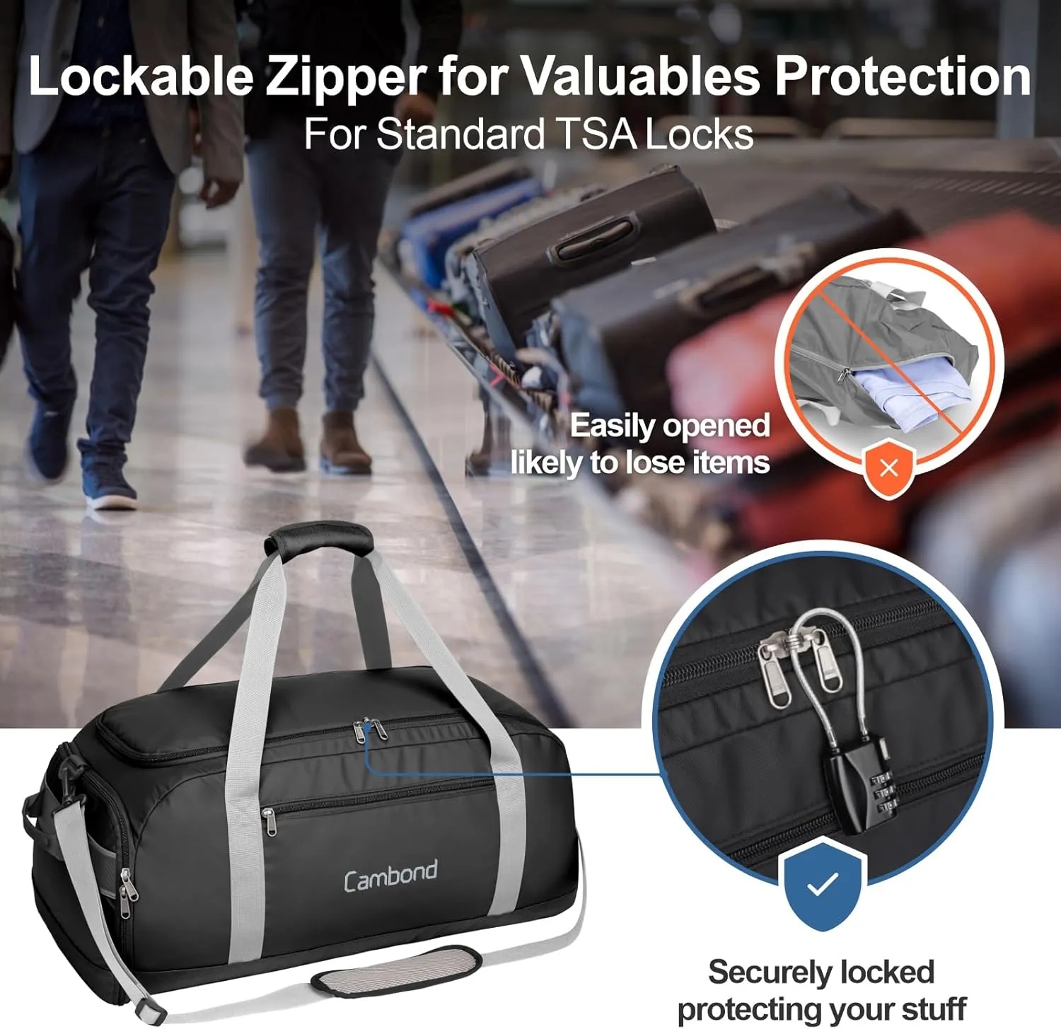 Cambond Airport Luggage Checked Bag - 80L Large Travel Duffle Bag for 5-7 Day Long Trip, Foldable Travel Duffel Bags for Traveling with Shoe Compartment for Men Women, Checked Luggage, Black