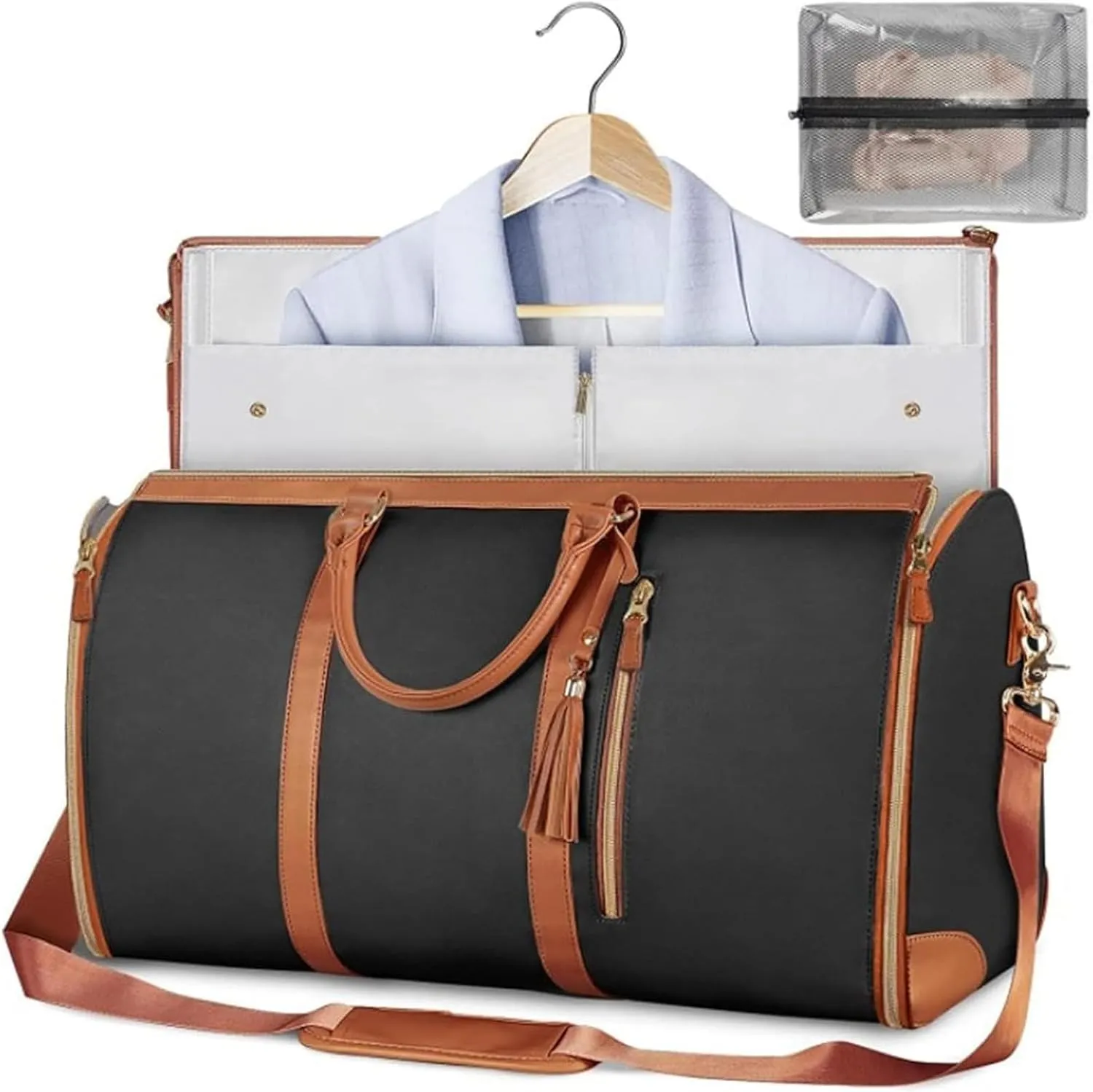 Carry On Garment Bag for Women, Large PU Leather Duffle Bag Waterproof Garment Bags for Travel with Shoe Pouch, 2 In 1 Hanging Suitcase Suit Travel Bags, Gifts for Women (black)