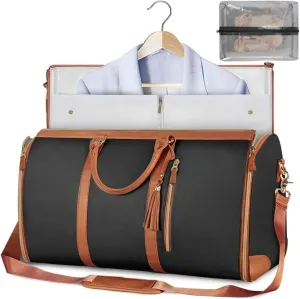 Carry On Garment Bag for Women, Large PU Leather Duffle Bag Waterproof Garment Bags for Travel with Shoe Pouch, 2 In 1 Hanging Suitcase Suit Travel Bags, Gifts for Women (black)