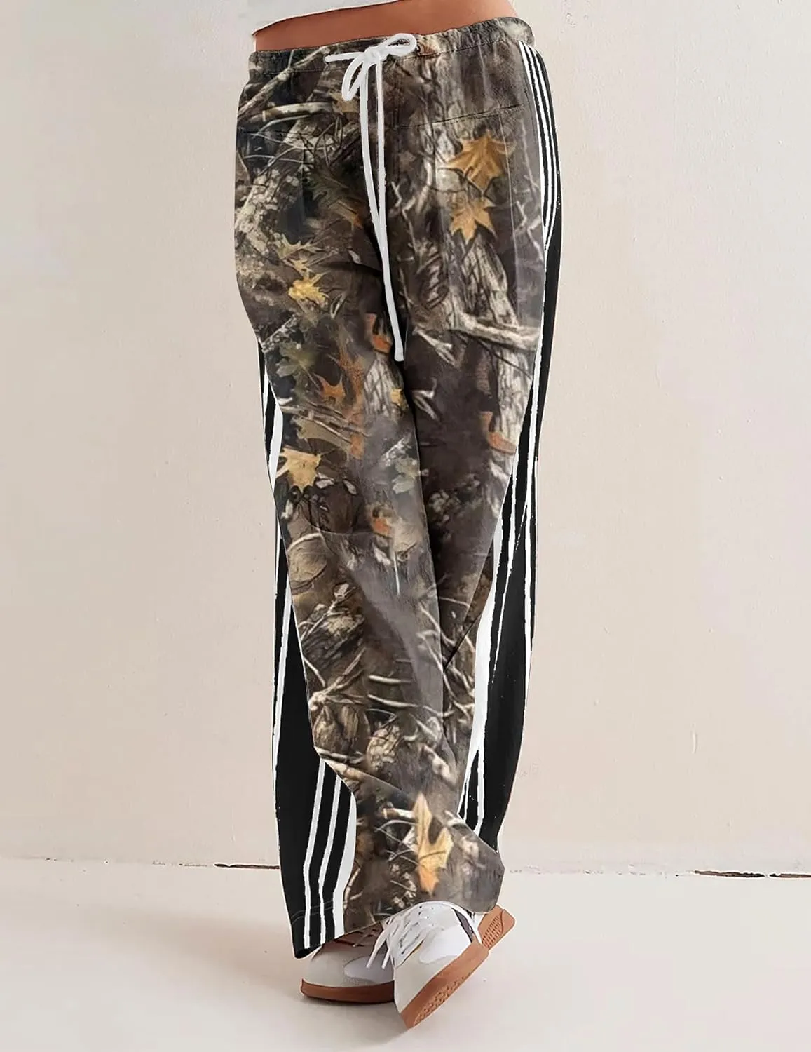 Casual Crayon Striped Pants for Women Drawstring Elastic High Waist Lounge Pant Color Block Baggy Wide Leg Sweatpants