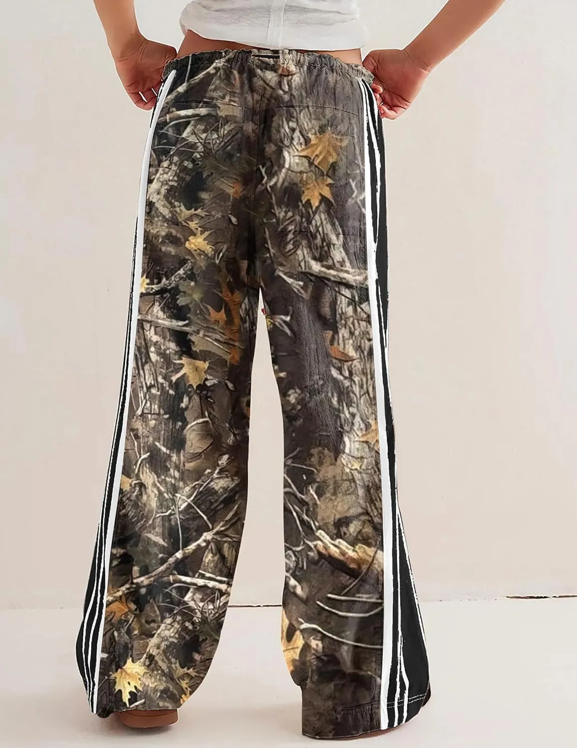 Casual Crayon Striped Pants for Women Drawstring Elastic High Waist Lounge Pant Color Block Baggy Wide Leg Sweatpants