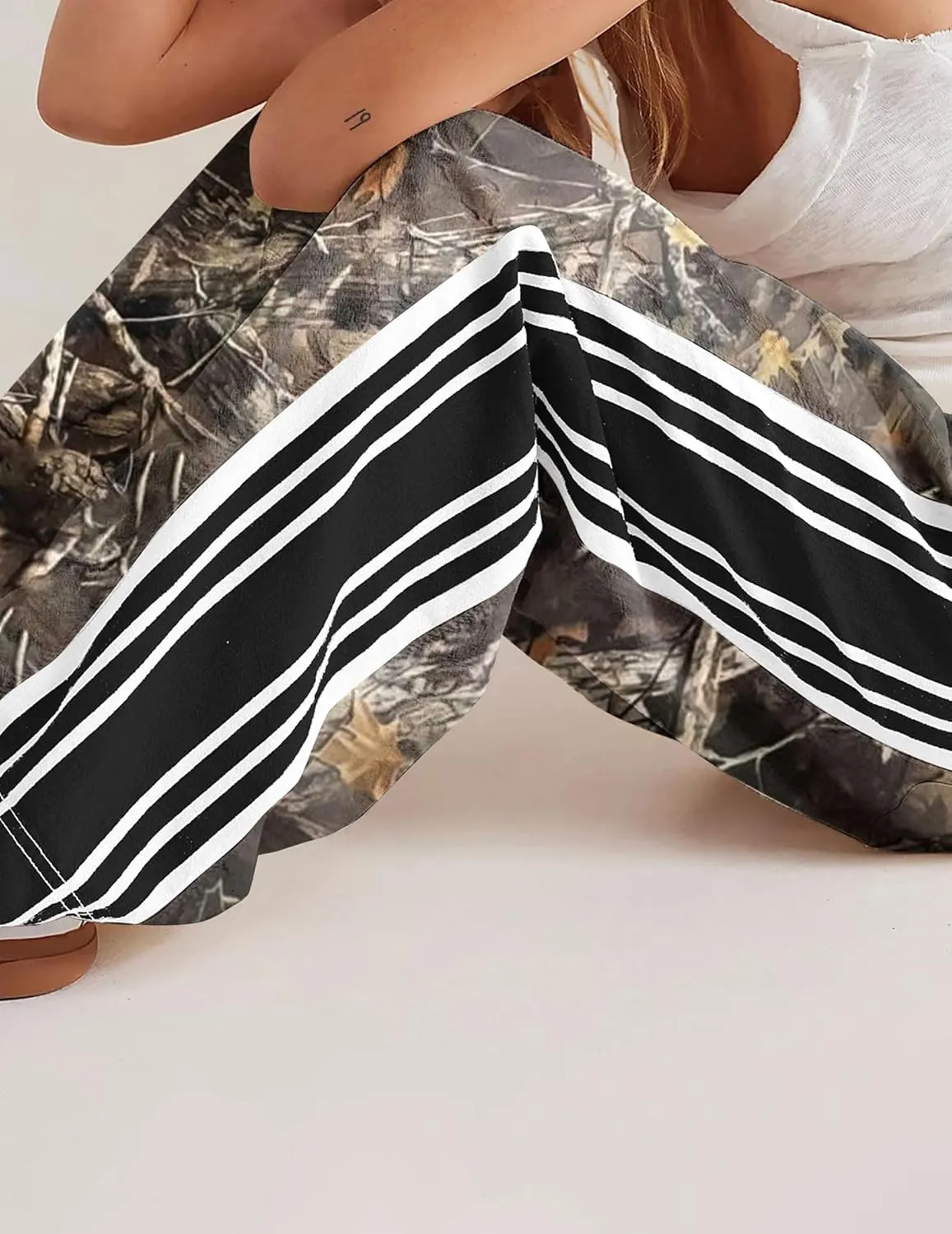 Casual Crayon Striped Pants for Women Drawstring Elastic High Waist Lounge Pant Color Block Baggy Wide Leg Sweatpants