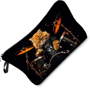 Cat Drummer Makeup Bag Drum Set Small Cute Organizer Bag Zipper Pouch Cat Plays the Drum Print Cosmetic Bag Present for Cat Lovers Drummer Women Friends