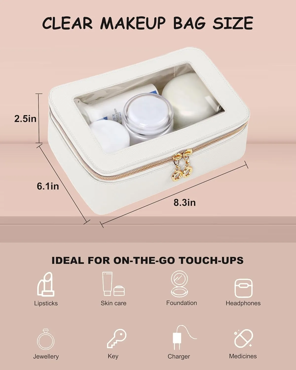 Clear Makeup Bags Case with Zipper, Heavy Duty Travel Cosmetic Case Toiletry Bag for Traveling, Tsa Approved Transparent Make Up Storage Bags, Portable Car Organizer Bag (White,M)