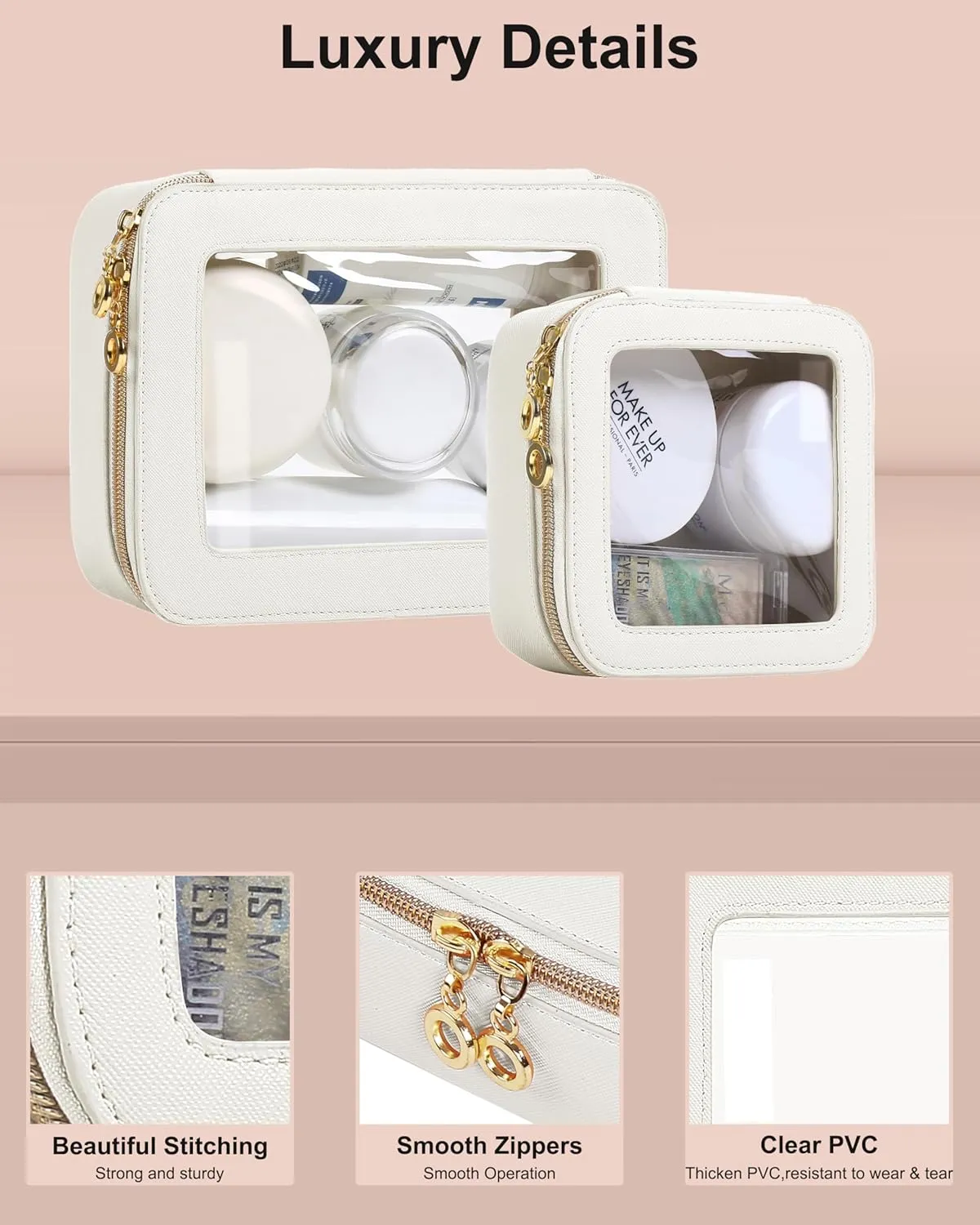 Clear Makeup Bags Case with Zipper, Heavy Duty Travel Cosmetic Case Toiletry Bag for Traveling, Tsa Approved Transparent Make Up Storage Bags, Portable Car Organizer Bag (White,M)