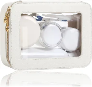 Clear Makeup Bags Case with Zipper, Heavy Duty Travel Cosmetic Case Toiletry Bag for Traveling, Tsa Approved Transparent Make Up Storage Bags, Portable Car Organizer Bag (White,M)