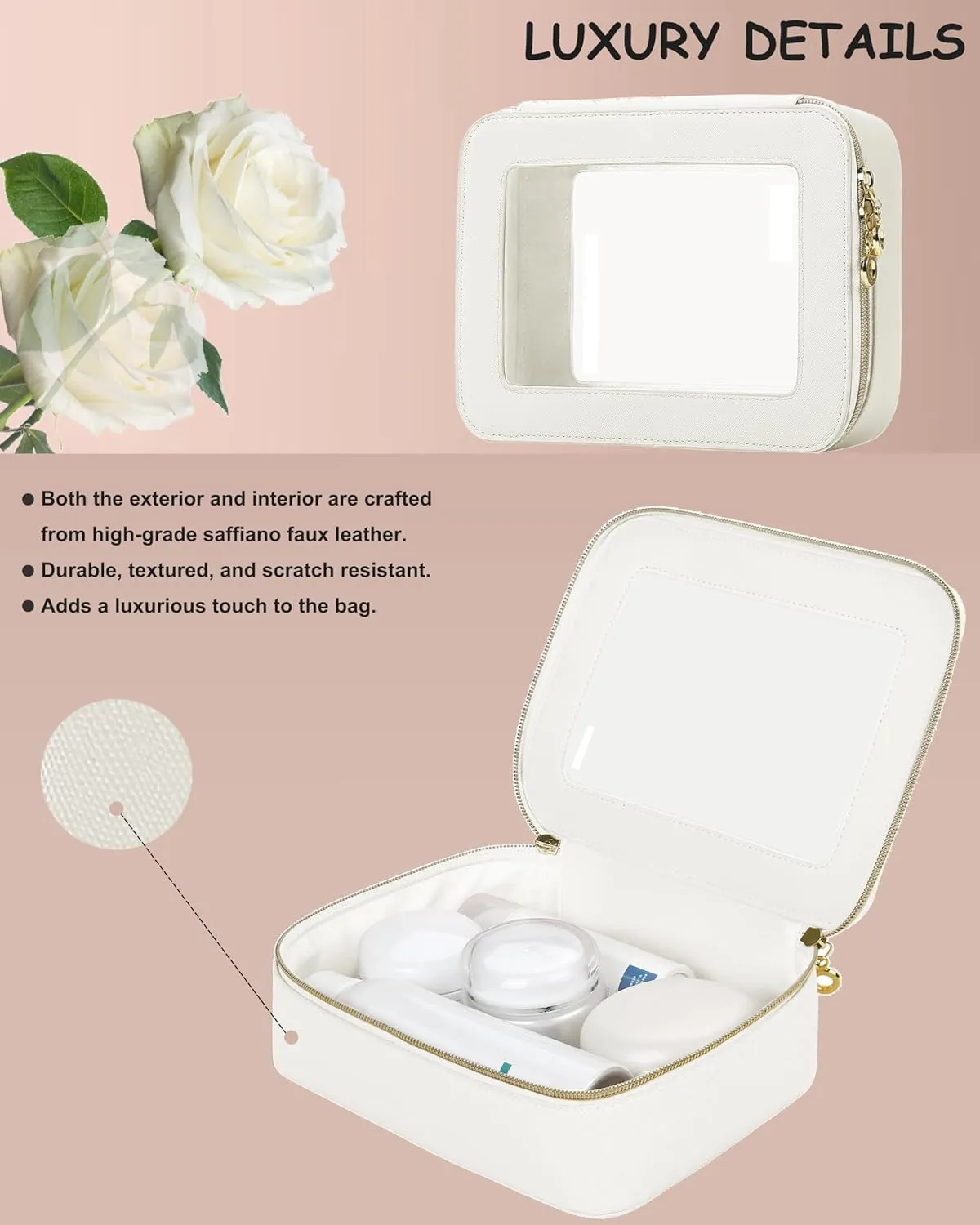 Clear Makeup Bags Case with Zipper, Heavy Duty Travel Cosmetic Case Toiletry Bag for Traveling, Tsa Approved Transparent Make Up Storage Bags, Portable Car Organizer Bag (White,M)