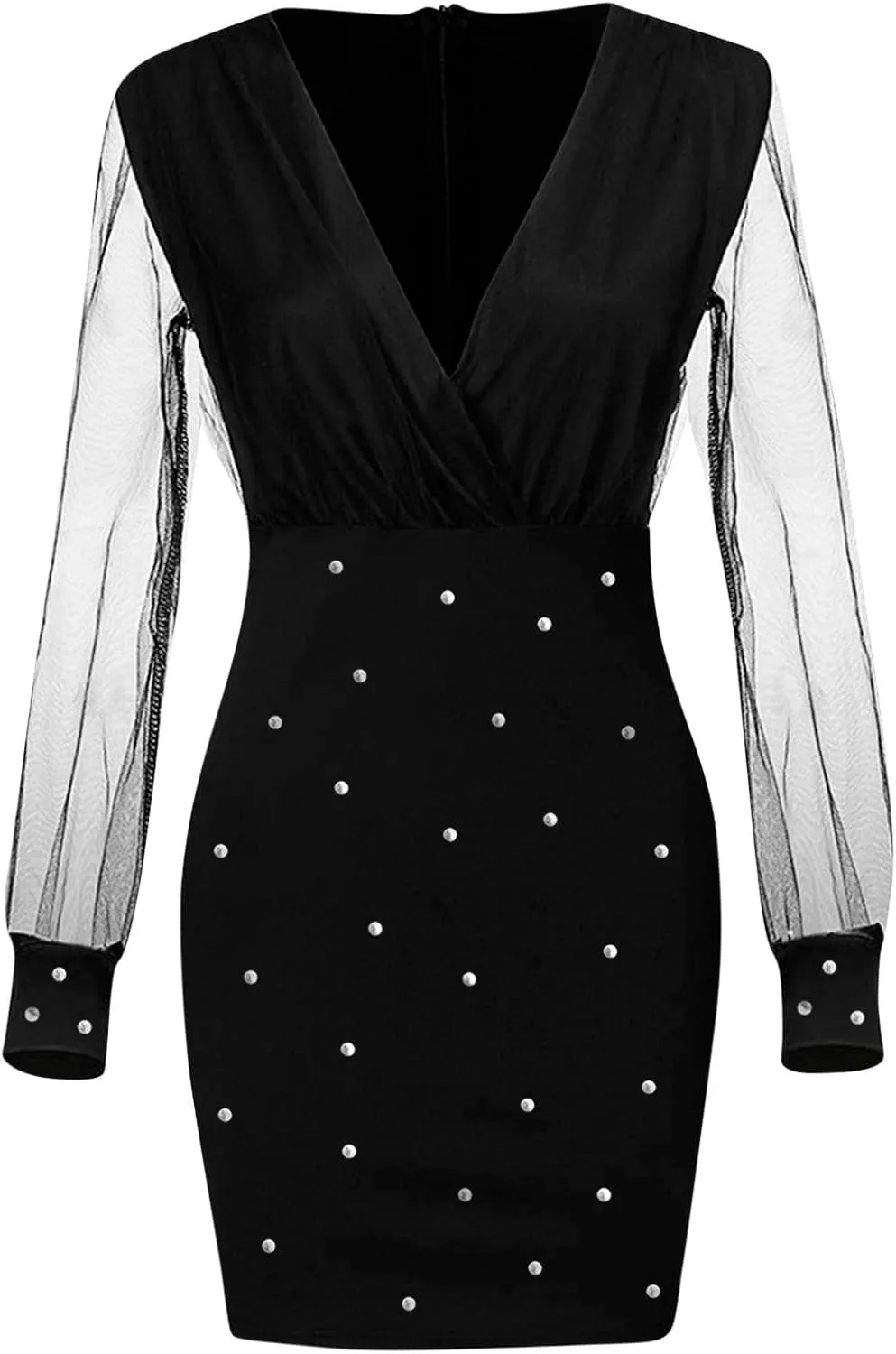 Cocktail Dress for Women,2024 Elegant Sexy Wrap V Neck Skinny Party Dress,Trendy Mesh Patchwork Long Sleeve Dress