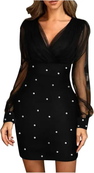 Cocktail Dress for Women,2024 Elegant Sexy Wrap V Neck Skinny Party Dress,Trendy Mesh Patchwork Long Sleeve Dress