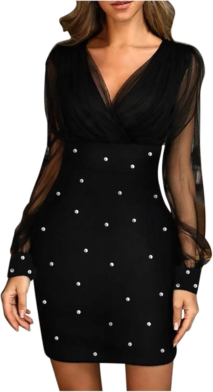 Cocktail Dress for Women,2024 Elegant Sexy Wrap V Neck Skinny Party Dress,Trendy Mesh Patchwork Long Sleeve Dress
