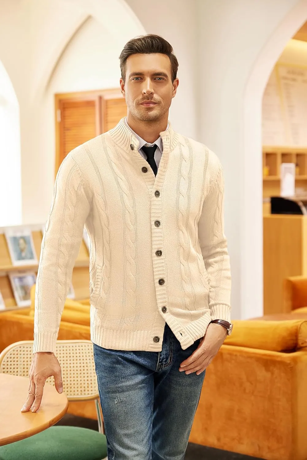 COOFANDY Men's Cardigan Sweater Slim Fit Stand Collar Cardigan Casual Cable Knitted Button Down Sweater with Pockets