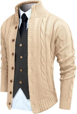 COOFANDY Men's Cardigan Sweater Slim Fit Stand Collar Cardigan Casual Cable Knitted Button Down Sweater with Pockets